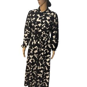 ZARA Floral Black and White Midi calf length dress with belt, Size M.